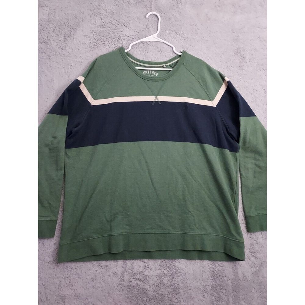 Fat Face Sweater Mens 3XL Fleece Striped Green Rugby Crew Neck Preppy Stretch
